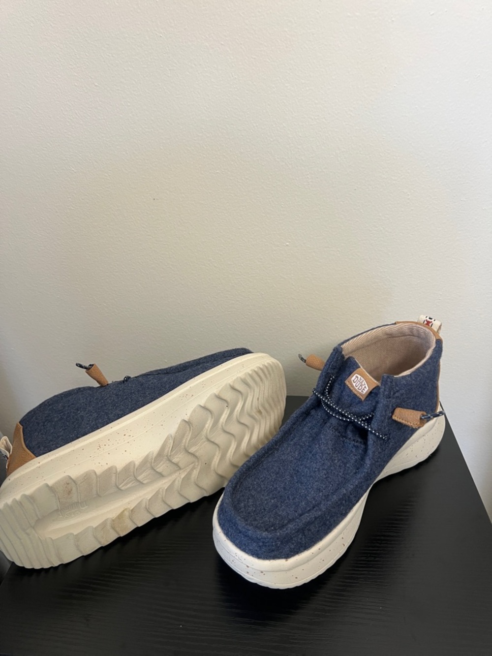 Hey Dude Navy Platform Slip-On Sneakers with Tan Accents - Picture 5 of 5